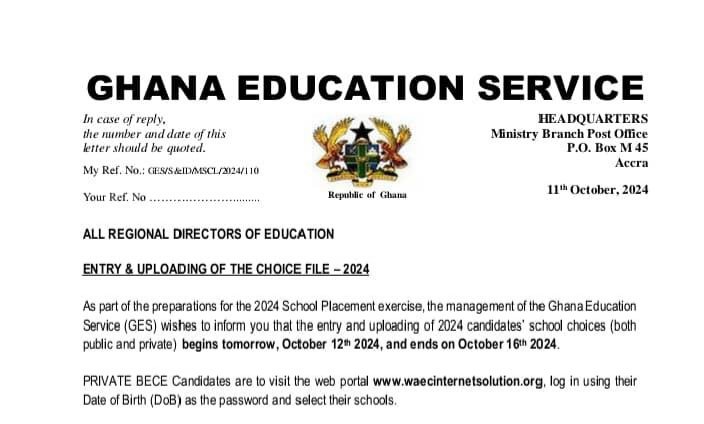 GES Announces 2024 BECE School Placement Entry and Choice Upload Schedule