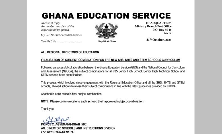 GES Finalises Subject Combinations for SHS, SHTS, and STEM Schools