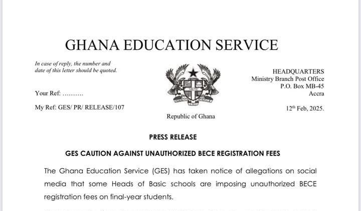 GES Prohibits School Heads Against Unauthorized BECE Registration Fees